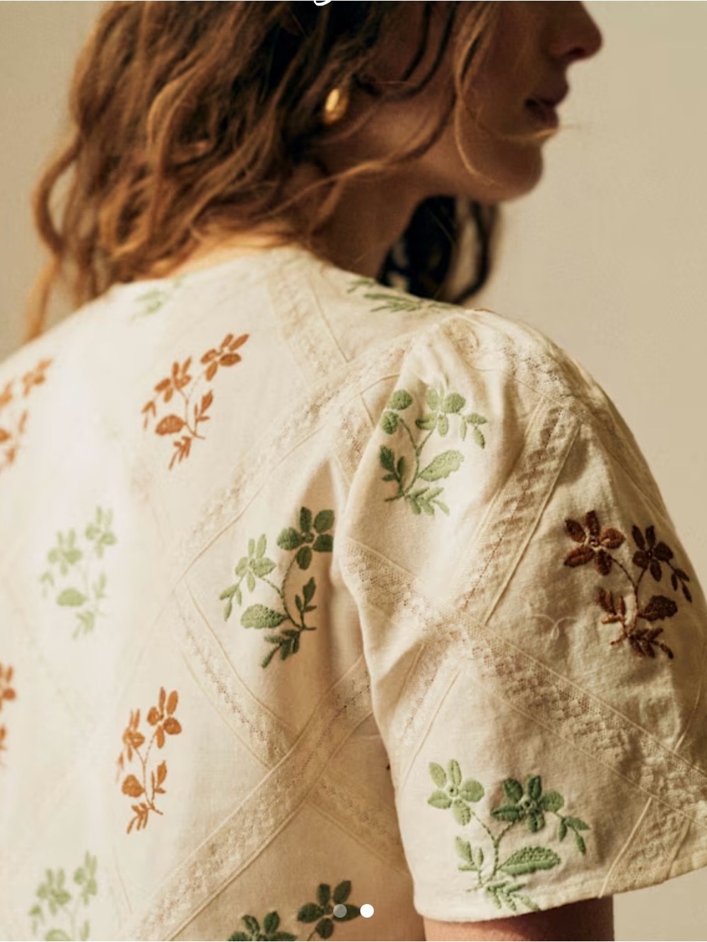 Sezane Amade Button Front Short Sleeve Top in Ecru With Embroidered Flowers, 34 - Picture 14 of 16